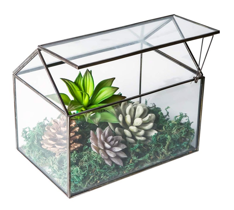 Levilan House Shape Close Glass Geometric Terrarium Tabletop Succulent Plant House Garden Planter Moss Fern Swing Lid, Flower Pot for Plants Succulent, Air Plant (Black) - Image 1